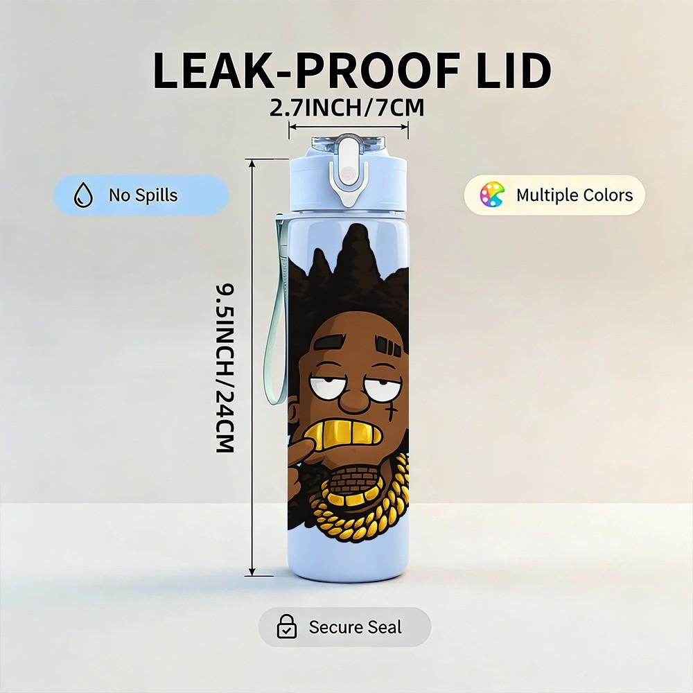 1PC Afro Boy Hip Hop Character Print 750ml Color Plastic Sports Water Bottle Leakproof Flip Straw Lid Suitable for Sports Office Home Use