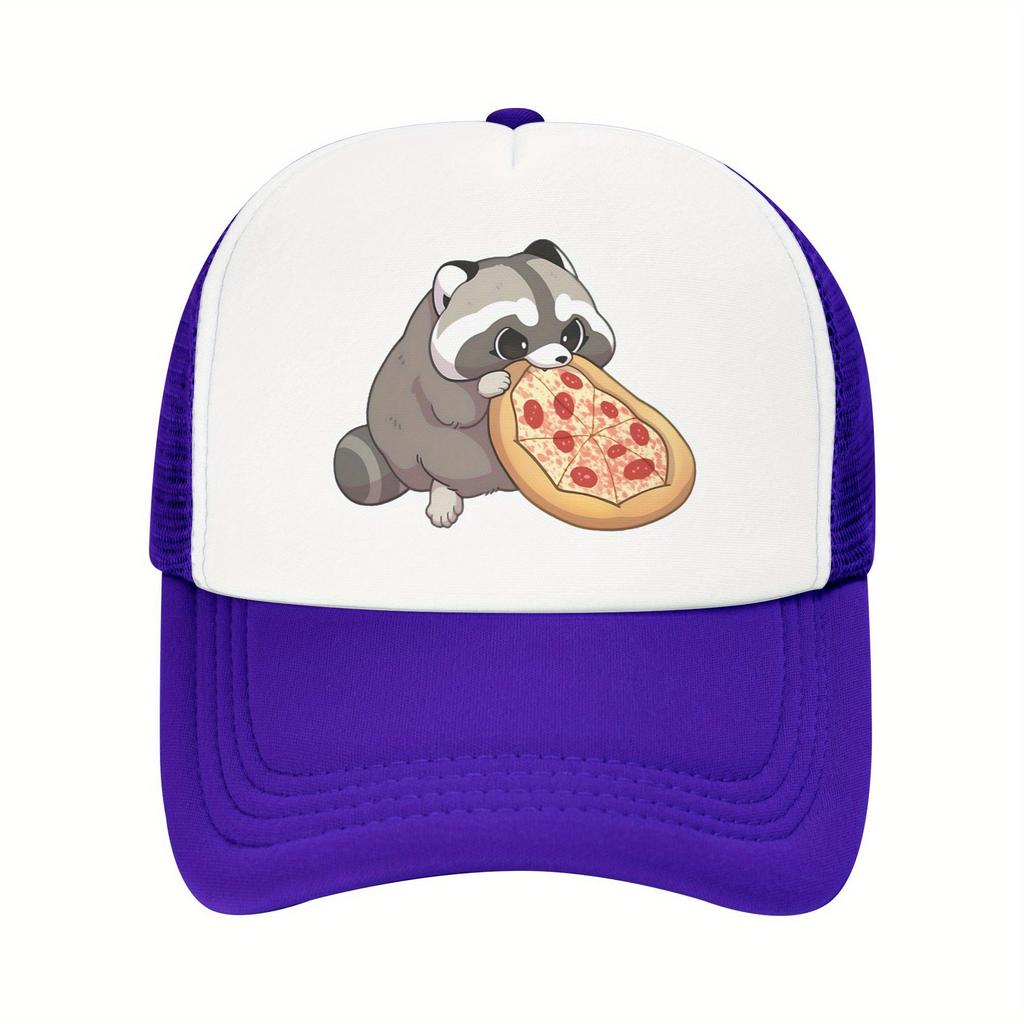 Cute Raccoon Eating Pizza Trucker Hat Breathable Mesh Adjustable Baseball Cap Casual Summer Travel