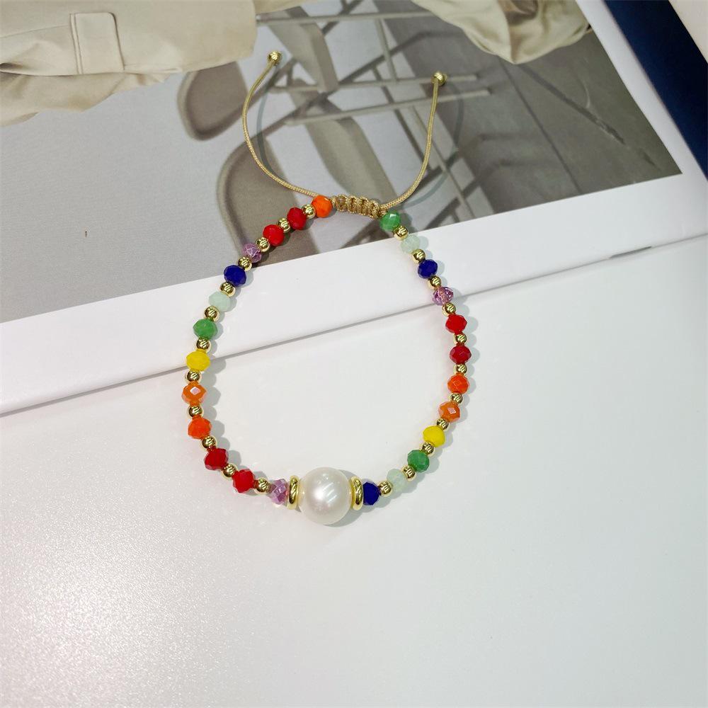 KKBEAD Rainbow Gradient Crystal Bracelet with Freshwater Pearls – Adjustable Spring/Summer Jewelry.