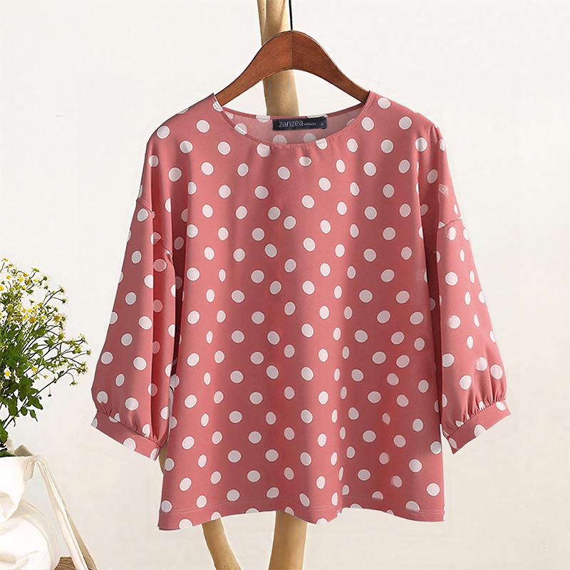 ZANZEA Women Casual Round Neck 3/4 Sleeve Loose Polka Dot Print Blouse