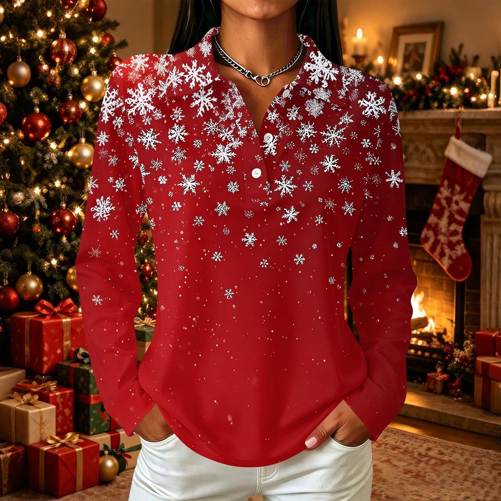 Women's Casual Christmas Print Button Front Long Sleeve Blouse with Lapel Collar and Side Slits