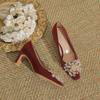 Red Square Head Wedding Shoes Women's New Satin Thick Heel High Heels Xiuhe Not Tired Feet Wedding Shoes Low Heel Bride Shoes
