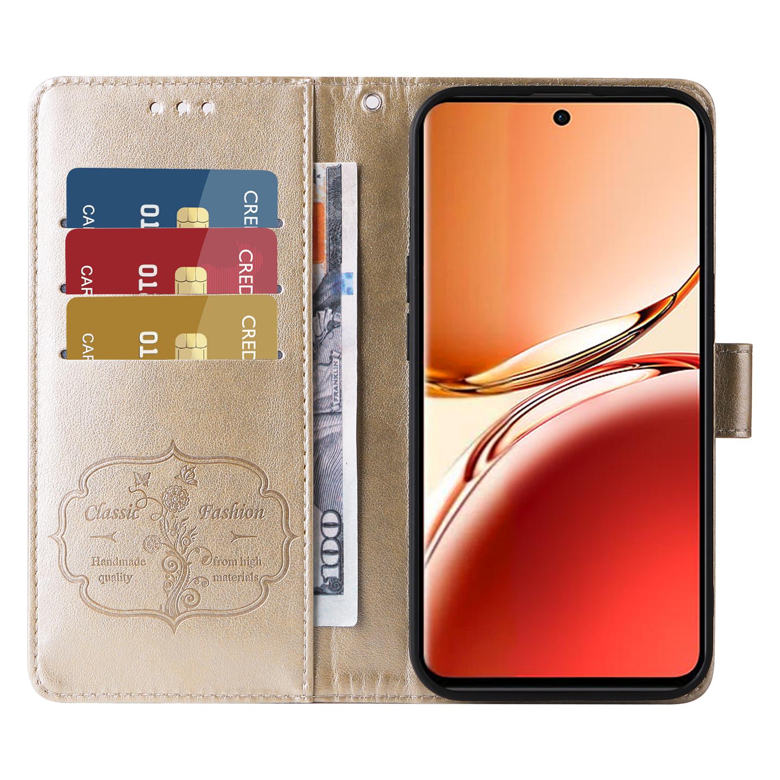

For Oppo Reno12 F 4G Leather Case Butterfly Floral Imprint Wallet Stand Cover Gold