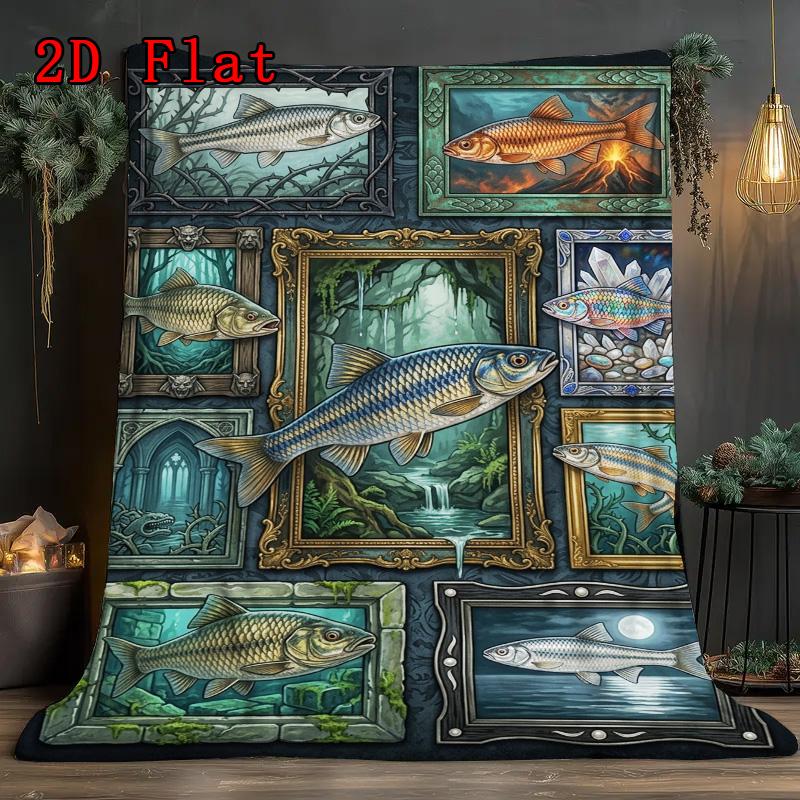 Fish Fantasies 2D Flat Pattern Flannel Blanket, High quality All Seasons, Home Decor, Warmth and Comfort, Perfect for Christmas Gifts.