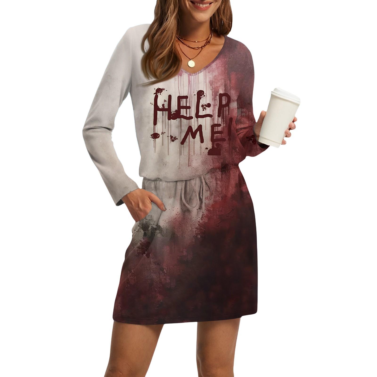 

Женские модные платья с V-образным вырезом, длинным рукавом, кулиской, карманом и принтом на Хэллоуин L