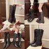 2025 Newest Cowboy Boots Knee High Rivet Leather Luxury Concise Sexy Pointed Toe Square Heels Side Zipper Women Shoes