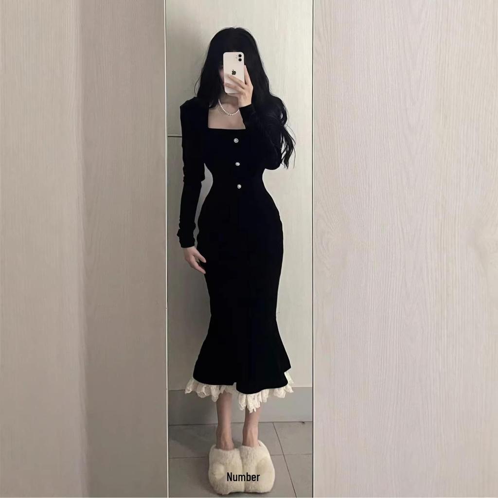 2026 High-End Autumn Mermaid Skirt with Ruffles Slim-Fit Retro Drape Dress for Women