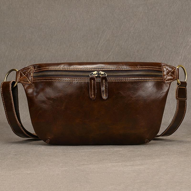 Men'S Genuine Leather Large-Capacity Fanny Pack, Retro Cowhide Breast Bag, First Layer Cowhide Crossbody Shoulder Bag, Oily Leather Casual Bag.