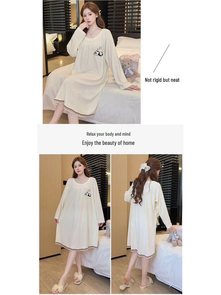 Jacquard Sweet Princess Long Sleeve Mid-Length Lazy Sleepdress, Plus Size, Spring & Autumn
