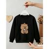 Kinder Unisex Rundhals-Sweatshirt, Süßes Capybara mit Bubble Tea und Orange auf dem Kopf, Cartoon-Print, Schwarzer Weicher Fleece-Pullover
