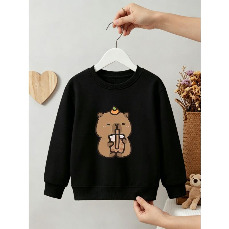 Kids Unisex Crewneck Sweatshirt, Cute Capybara Holding Bubble Tea With Orange On Head Cartoon Print Black Soft Fleece Pullover 110 чёрный