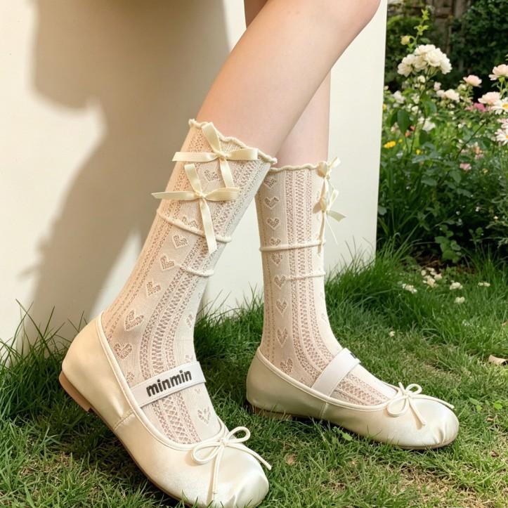 Summer thin stacking socks ballet white lace socks miu long tube milk white with Mary Jane shoes medium tube socks