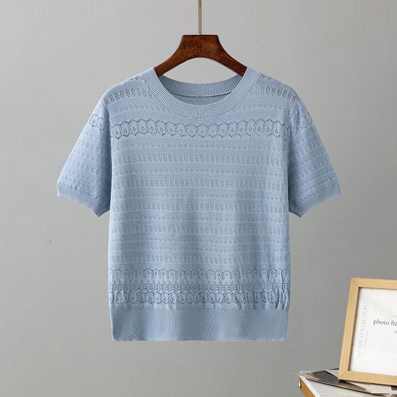 Tricou cu mânecă scurtă pentru femei, cu gât rotund, slăbit, stil la modă de vară, tricou casual confortabil, tricou tricotat, respirabil, cu design gol