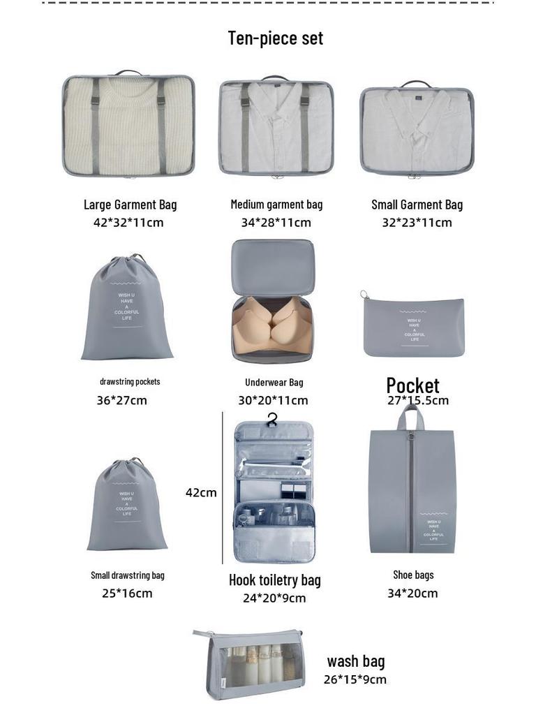 Eight-Piece Waterproof Travel Storage Bag Set for Business Trips - Large Capacity