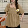 VONDA Summer Women Square Collar Puff Sleeve Ruched Casual Blouse Tops