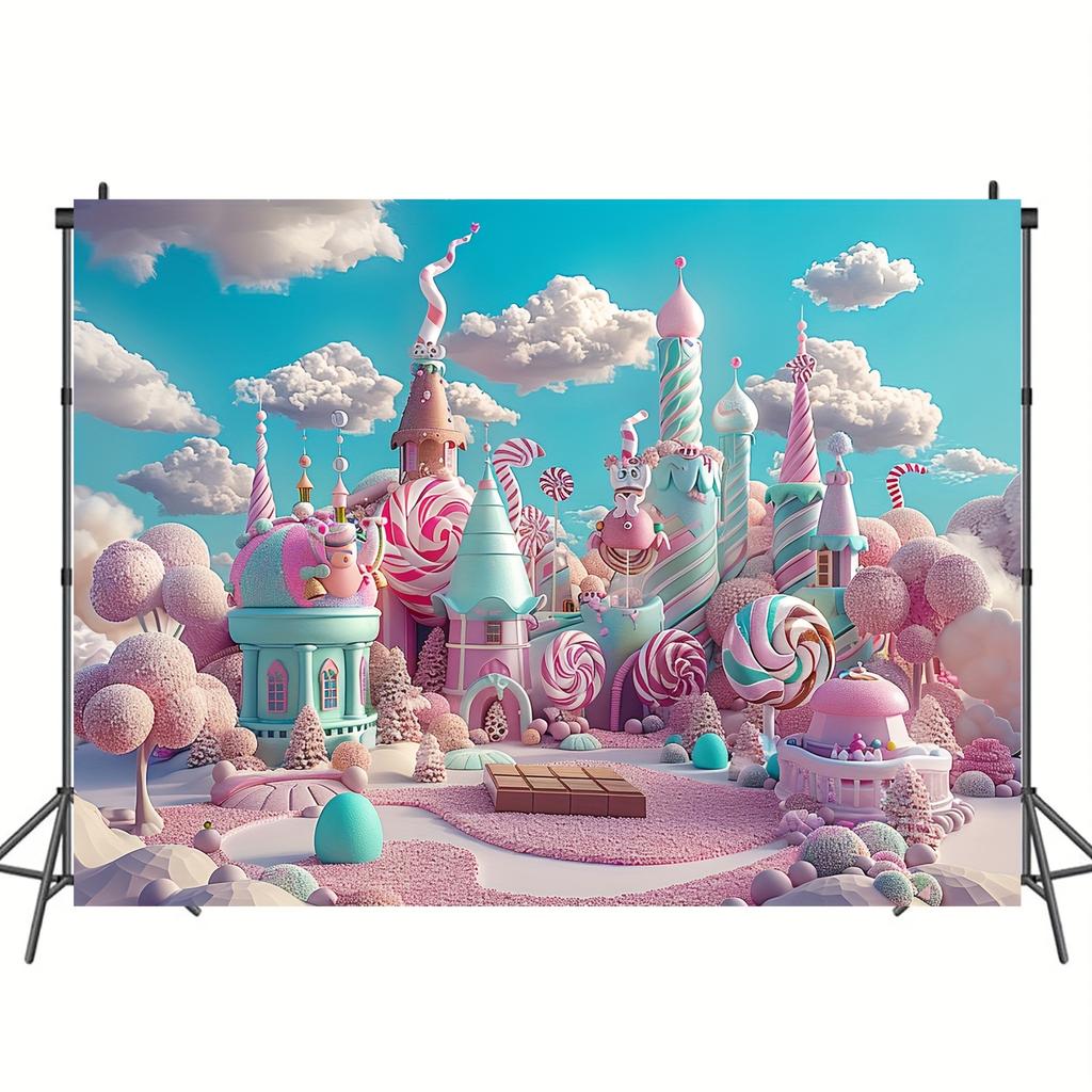 1 piece whimsical Candy Castle photography background - vibrant pink and blue fantasy sweet scenery