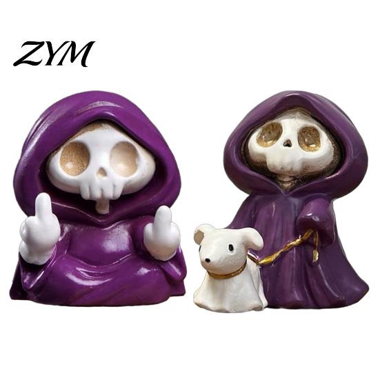Holiday Skeleton Figurine Purple Robe for Halloween, Middle Finger Table Ornament Resin Statue, Gothic Walking Dog Sculpture