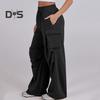 Women Cargo Pants Elastic Waist Mid-rise Straight Wide Leg Sweatpants with Multi Pockets Solid Color Casual Jogging Pants Loose Lounge Pants