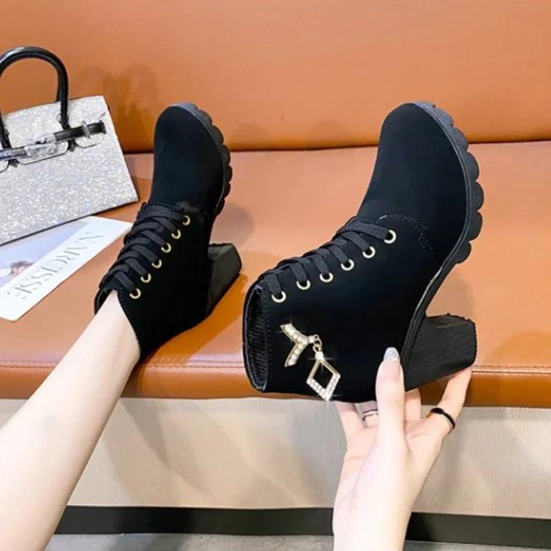 New Spring Winter Women Pumps Boots High Quality Lace-up European Ladies Shoes PU High Heels Boots Fast Delivery