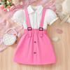 3-10Y Girls Fake Two-piece Dress Pink Strap Splicing Lantern Sleeve White Shirt Top Cute Children's Skirt