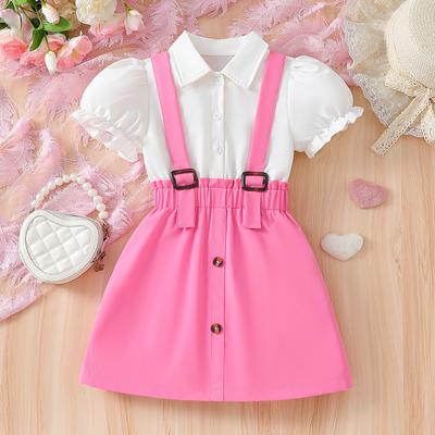 3-10Y Girls Fake Two-piece Dress Pink Strap Splicing Lantern Sleeve White Shirt Top Cute Children's Skirt