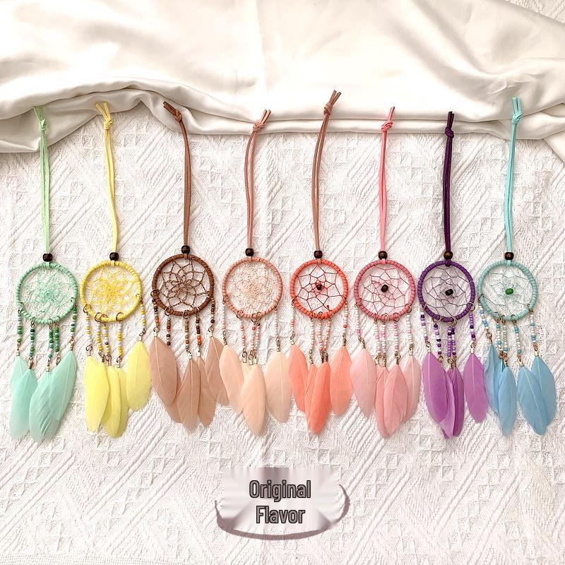 Bohemian Dream Catcher Wind Chime Pendant with Rice Beads - 5cm Wide, Southeast Asian Ethnic Style for Car Decoration.