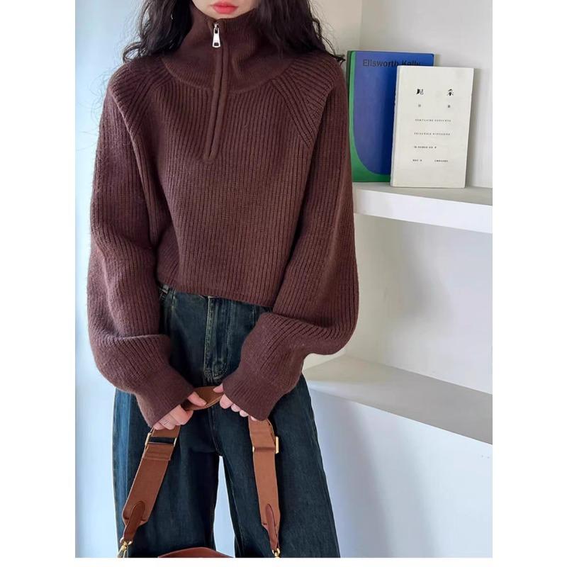 Fashion Autumn Winter Semi-turtleneck Zipper Women Knitted Sweater Long Sleeve Loose Short Tops New Solid Color Office Casual Simple Clothing