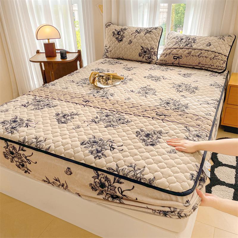 Verdickte Baumwoll-Bettmütze Einzelbettbezug Korallenvlies Milchvlies Wintermatratze Rutschfester Schutzbezug