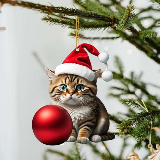 10Pcs Car Rearview Mirror Pendant 2D Acrylic Cat Charm Christmas Tree Ornament Car Interior Accessory