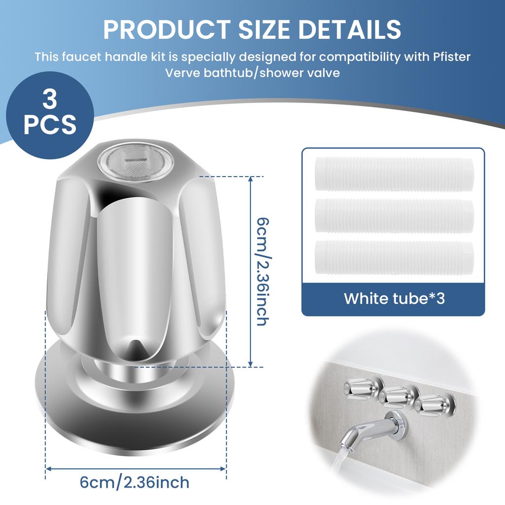 3Pcs Shower Knob Replacement for Verve Zinc Alloy Shower Faucet Handle Metal Bathtub Shower Faucet Knob with Screws Hot Cold and