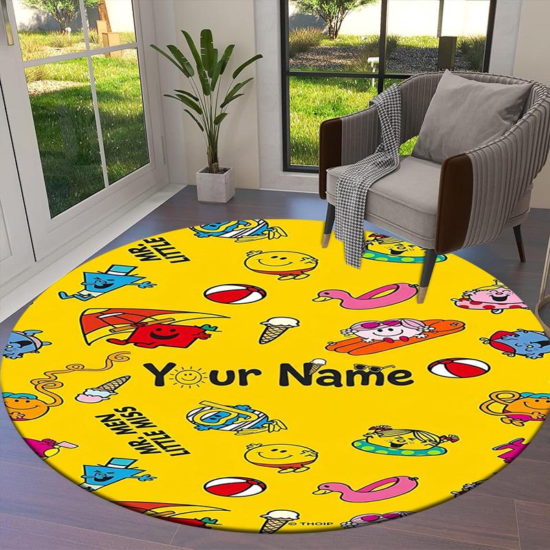 Mr Men Adventure Custom Name Round Area Rug Carpet Rug For Living Room Bedroom Sofa Playroom Decor Nonslip Floor Mat