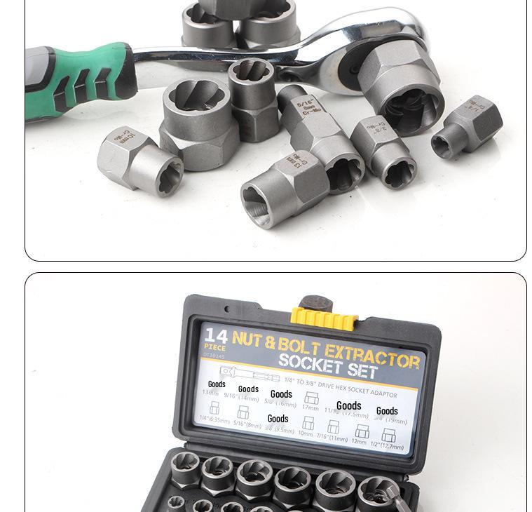 14-Piece Nut Extractor Set: Reverse Thread Socket for Removing Stripped, Anti-Theft, and Damaged Nuts and Screws
