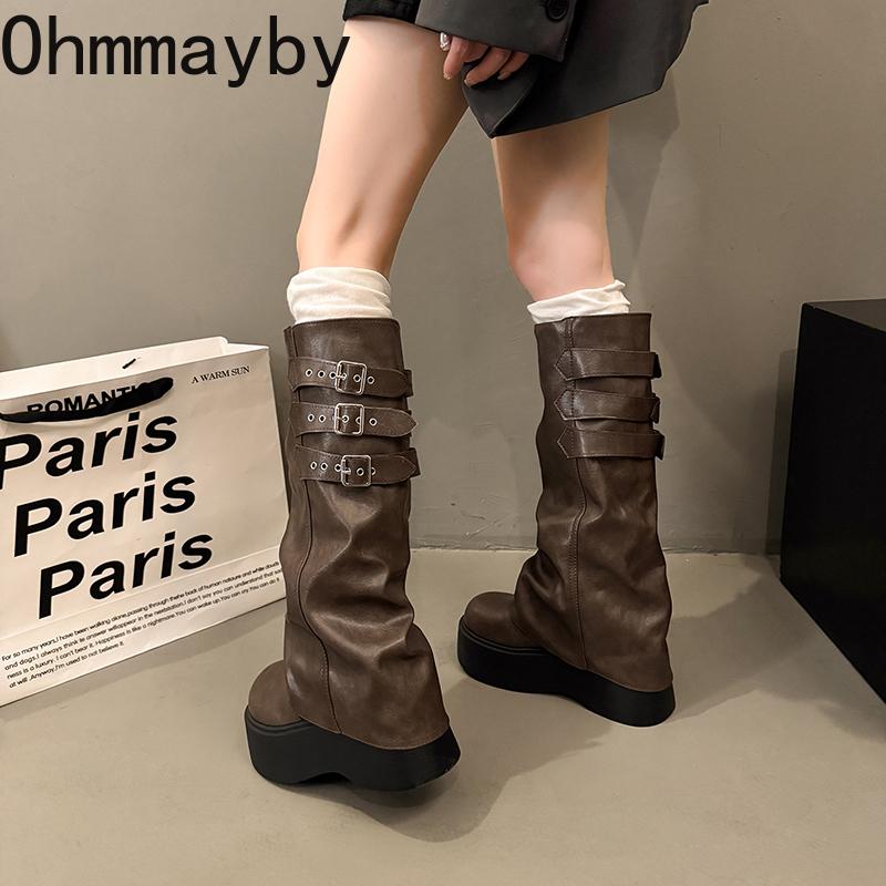 Punk Style Women Mordern Long Boots Fashion Platform Height Increase High Knight Booties Winter Shoes  De Mujer