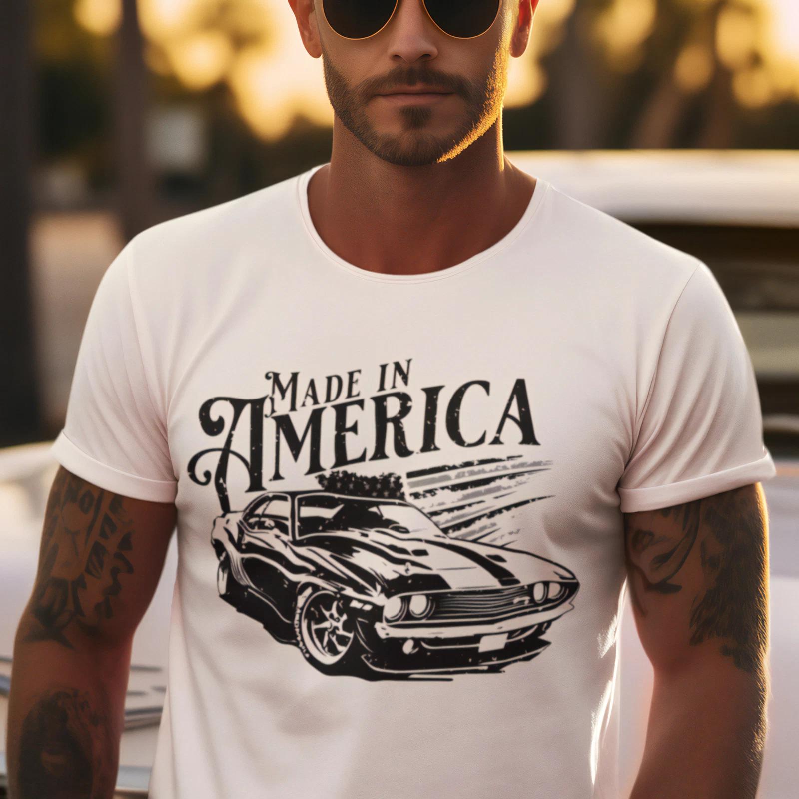 Made in America Muscle Car Tee Unisex Adult Hot Rod Patriotic USA Car Lover Tee S