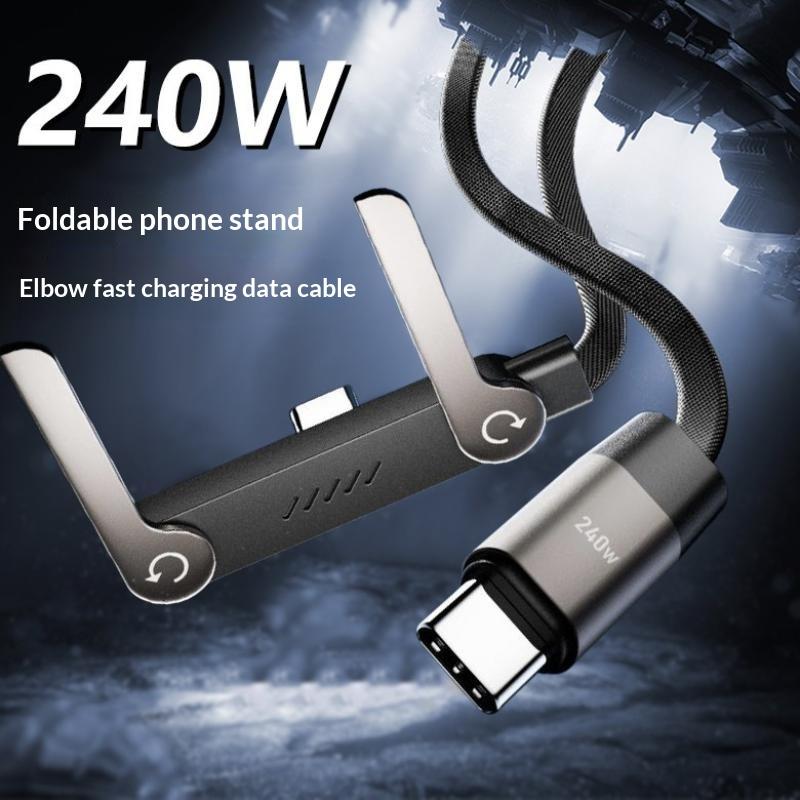 240W Fast Charging USB C Cable Built-in Phone Stand Wear-resistant Braided Nylon Data Cord for Home Outdoor Use