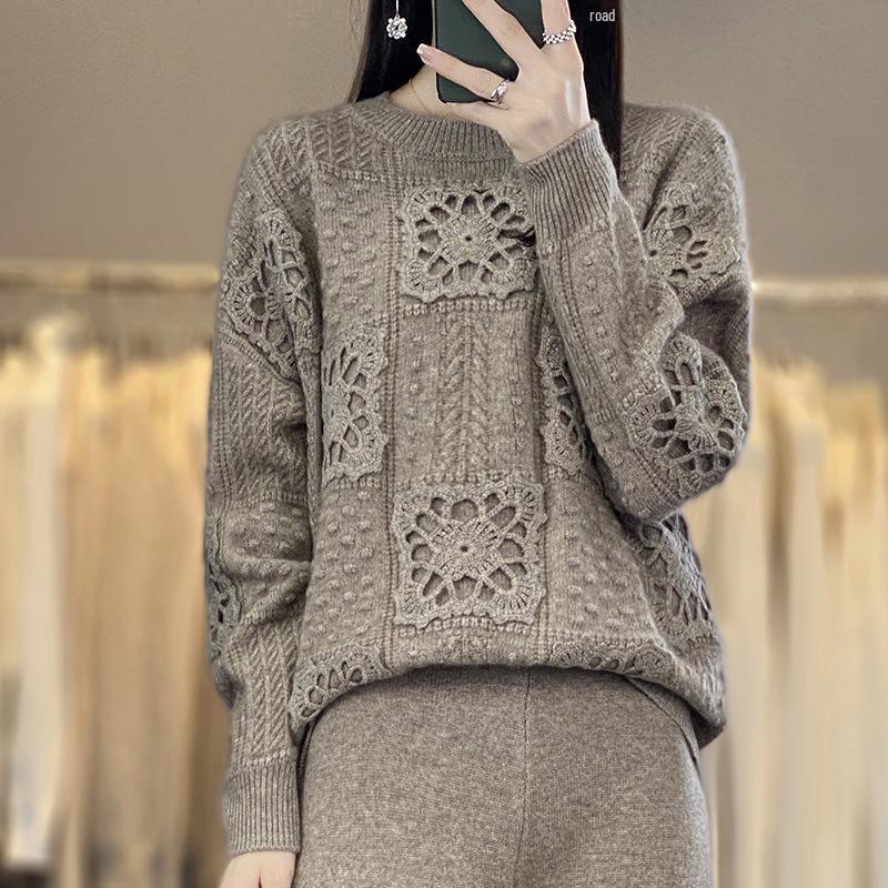 Women's Pure Wool Hollow Out Sweater - Lazy Style Knitwear for Autumn & Winter