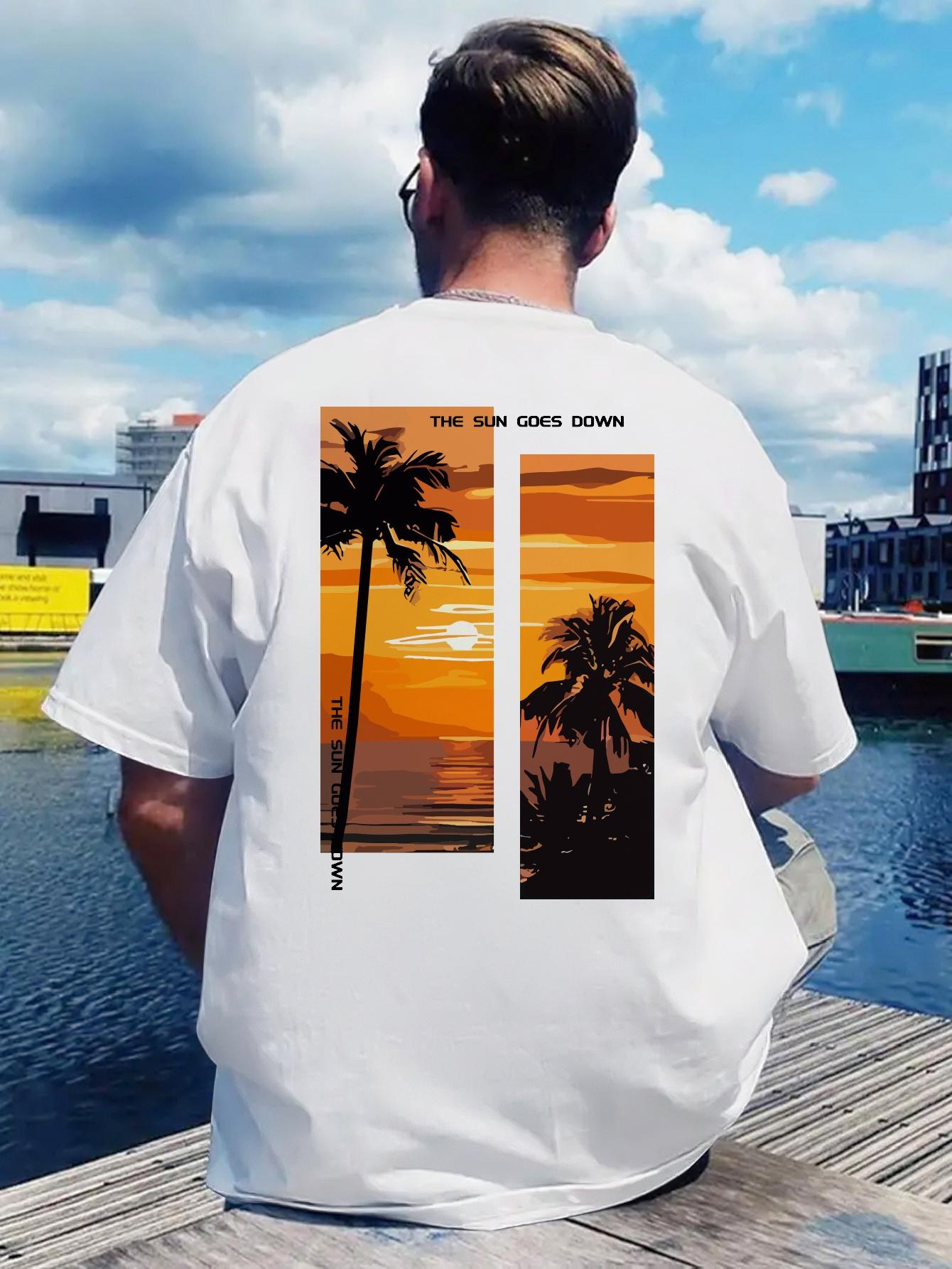Tropical Beach Graphic T-shirt - White Shirt with Palm Tree Sunset Back Print XL