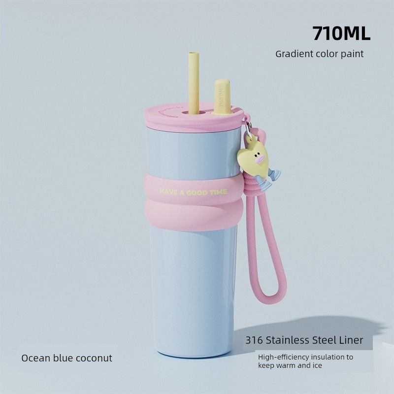 Large-Capacity Thermos Cup for Girls, New Office Water Cup, Giant Student Cup with Handle and Straw, High Aesthetic Value