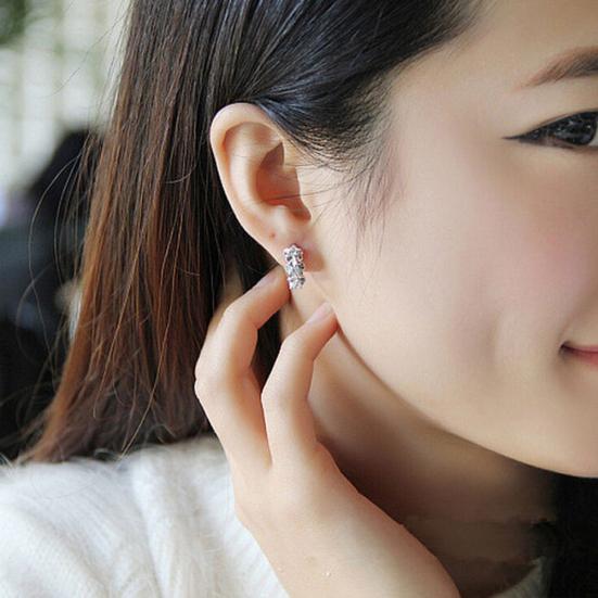 Lady Flower Faux Sweet Rhinestone Huggie Silver Plated Earrings Hoops