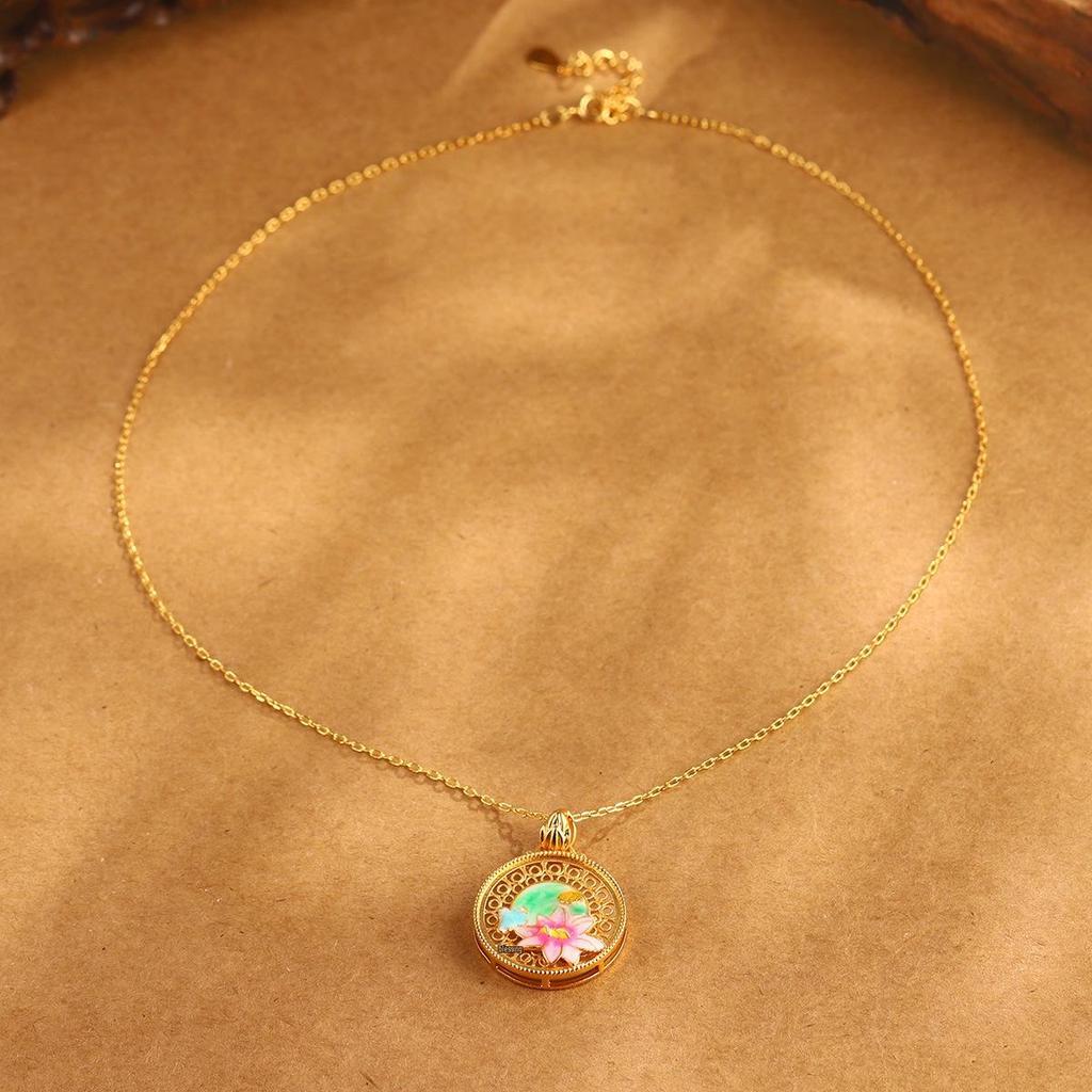 Chinese Lotus Enamel Pendant Necklace: Vintage Style, Hollow Design, Clavicle Chain, High-End.
