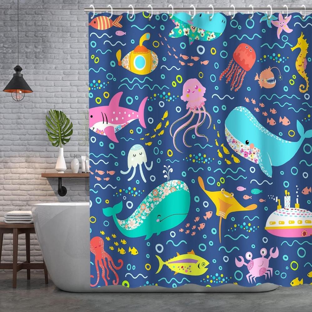 

Cartoon Marine Animals Washable Dirt-Resistant Shower Curtain Shower Head Waterproof Polyester Bath Curtain For Home Decor W60H190(CM)-1 Pcs