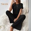 Women's Two Piece Knit Set Short Sleeve Sweater Top Wide Leg Pants Lounge Sets Ribbed Knitted Casual Outfit for Spring Autumn