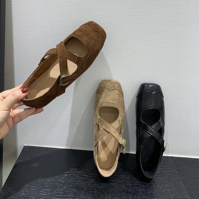 Retro Square Head Suede Light Mouth Single Shoes Women's Autumn New Korean Version Cross Belt Ballet Style Flat Mary Jane Shoes
