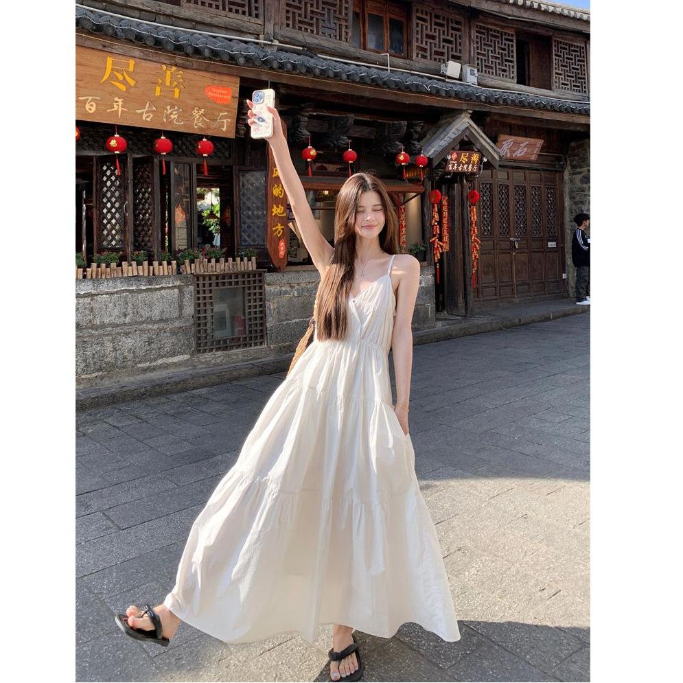 Beach Vacation Style White Spaghetti Strap Dress for Women, Summer Waist-cinching Slimming Large Slit Skirt, Elegant Mid-length Skirt