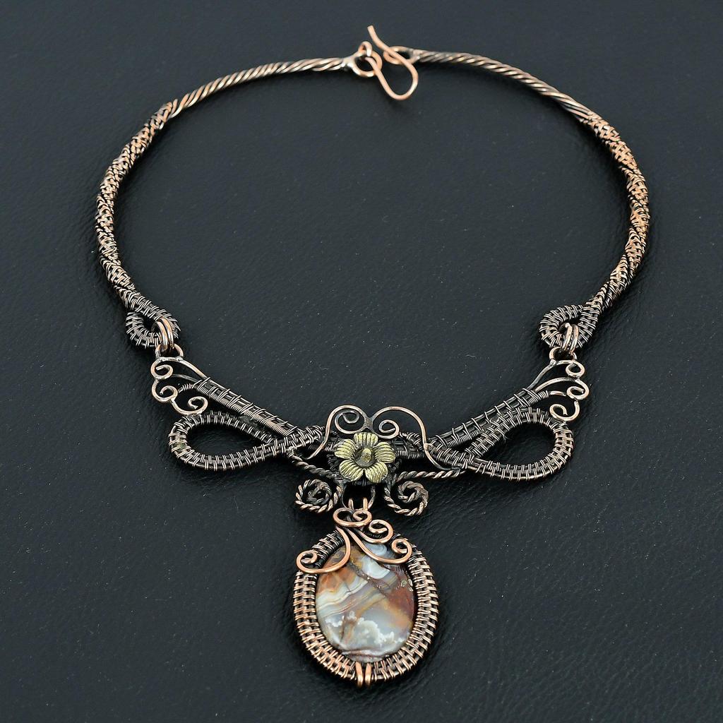 Crazy Lace Agate Handmade Gemstone Necklace, 999 Copper Wire Wrapped Necklace Antique Jewelry, For Engagement Gift