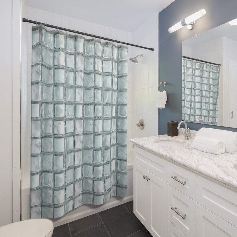 Modern Glass Block Shower Curtain - Creative Urban Design Area Art - Bathroom Decor Home Artistic Contemporary Bath Curtain