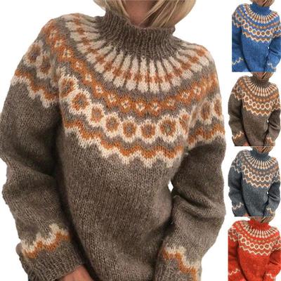 2025 Women's High Neck Jacquard Knit Sweater - Chunky European & American Style Pullover