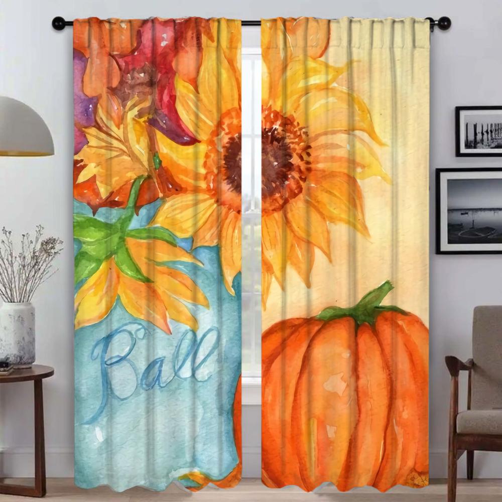 Light Blocking Anti Mosquito Curtains Pumpkin Sunflower Print Curtain Room Panel Tulle Bedroom Halloween Decoration Set Of 2 Made Polyester Washable