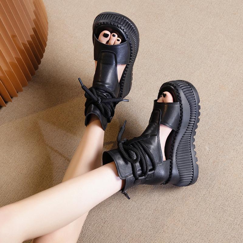 Women's 2025 Summer Trendy Platform Wedge Sandals - Genuine Leather, Fish Mouth Design, Thick Sole, Roman Style