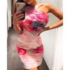 Women's Floral One Shoulder Slim Dress Women's Pink One-Shoulder Pleated Floral Tight Skirt